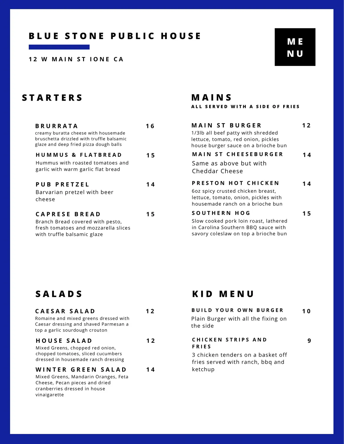 Blue Stone Public House Menu - Updated November 2025