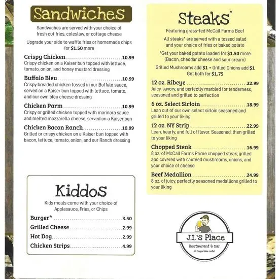 J.I.'s Place Restaurant & Bar at Sugar Lake Hotel Menu Cochranton, PA
