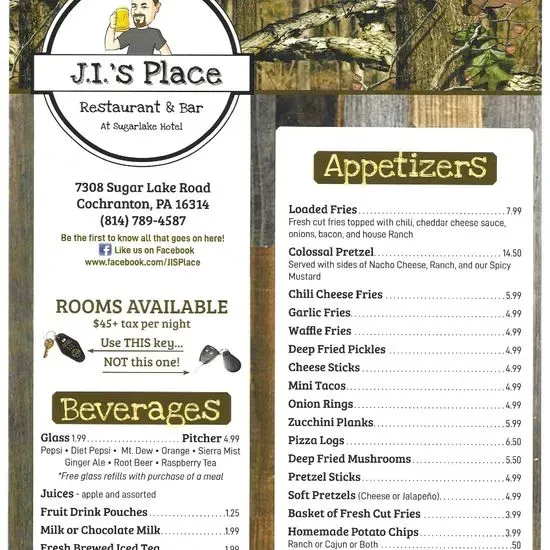 J.I.'s Place Restaurant & Bar at Sugar Lake Hotel Menu Cochranton, PA