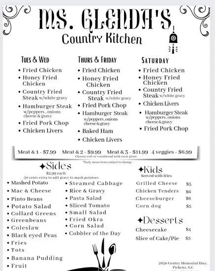 Ms. Glenda's Country Kitchen Menu | Pickens, SC | Checkle