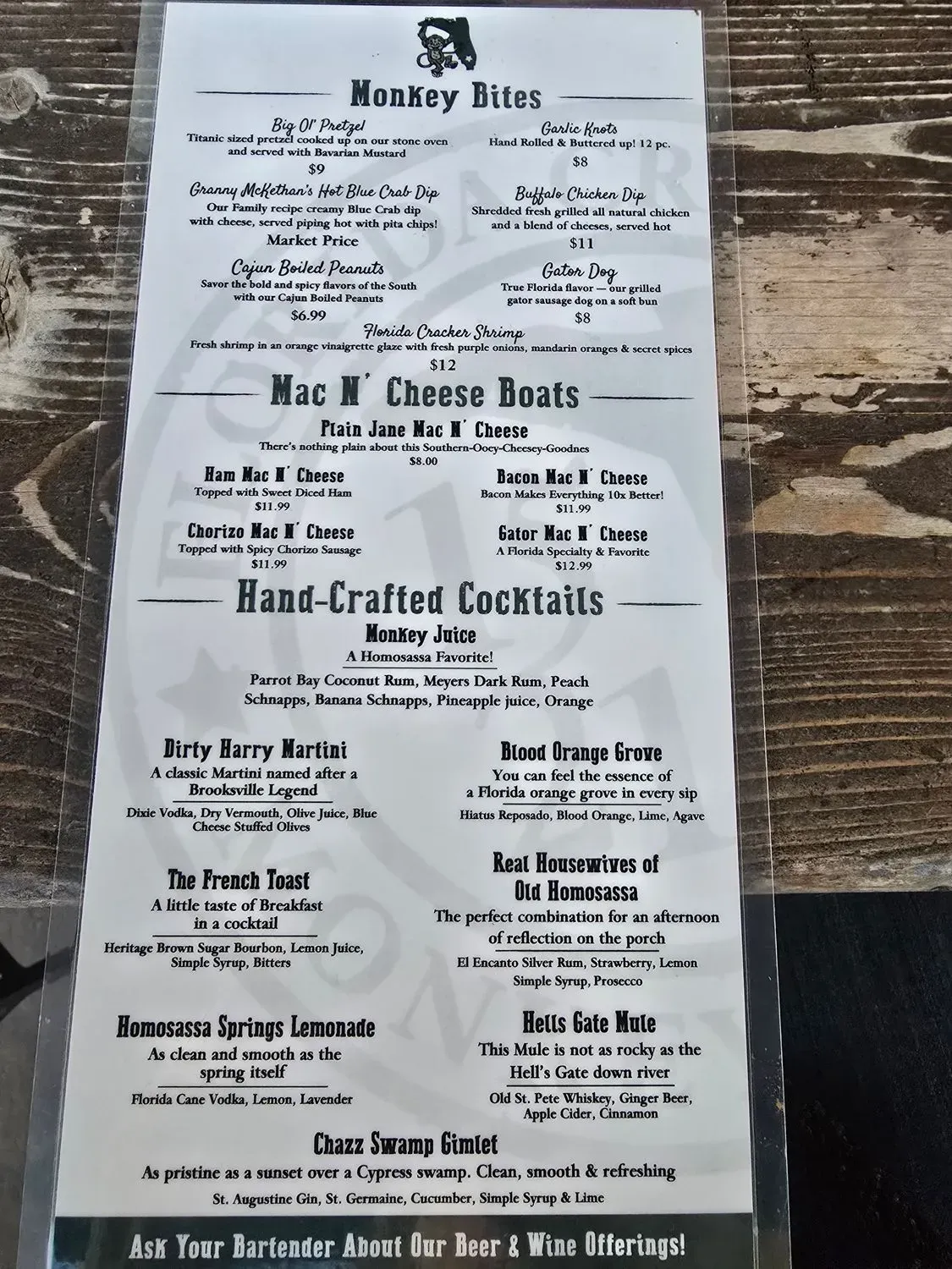 Florida Cracker Monkey Bar Menu - Updated November 2025