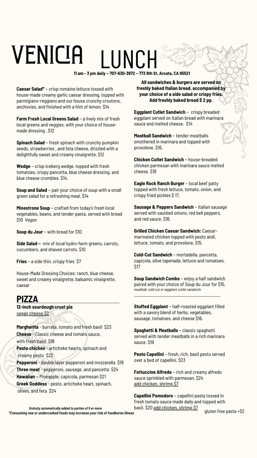 Venicia - Italian Restaurant Menu - Updated November 2025