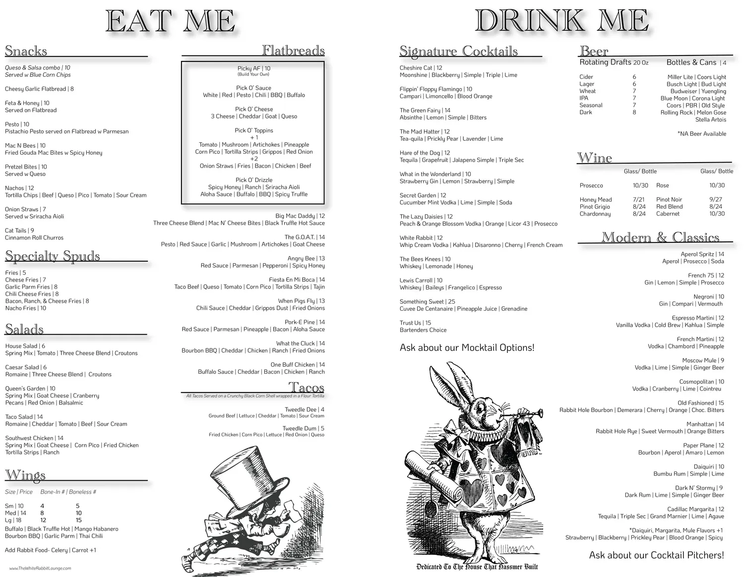 The White Rabbit Lounge Menu - Updated November 2025