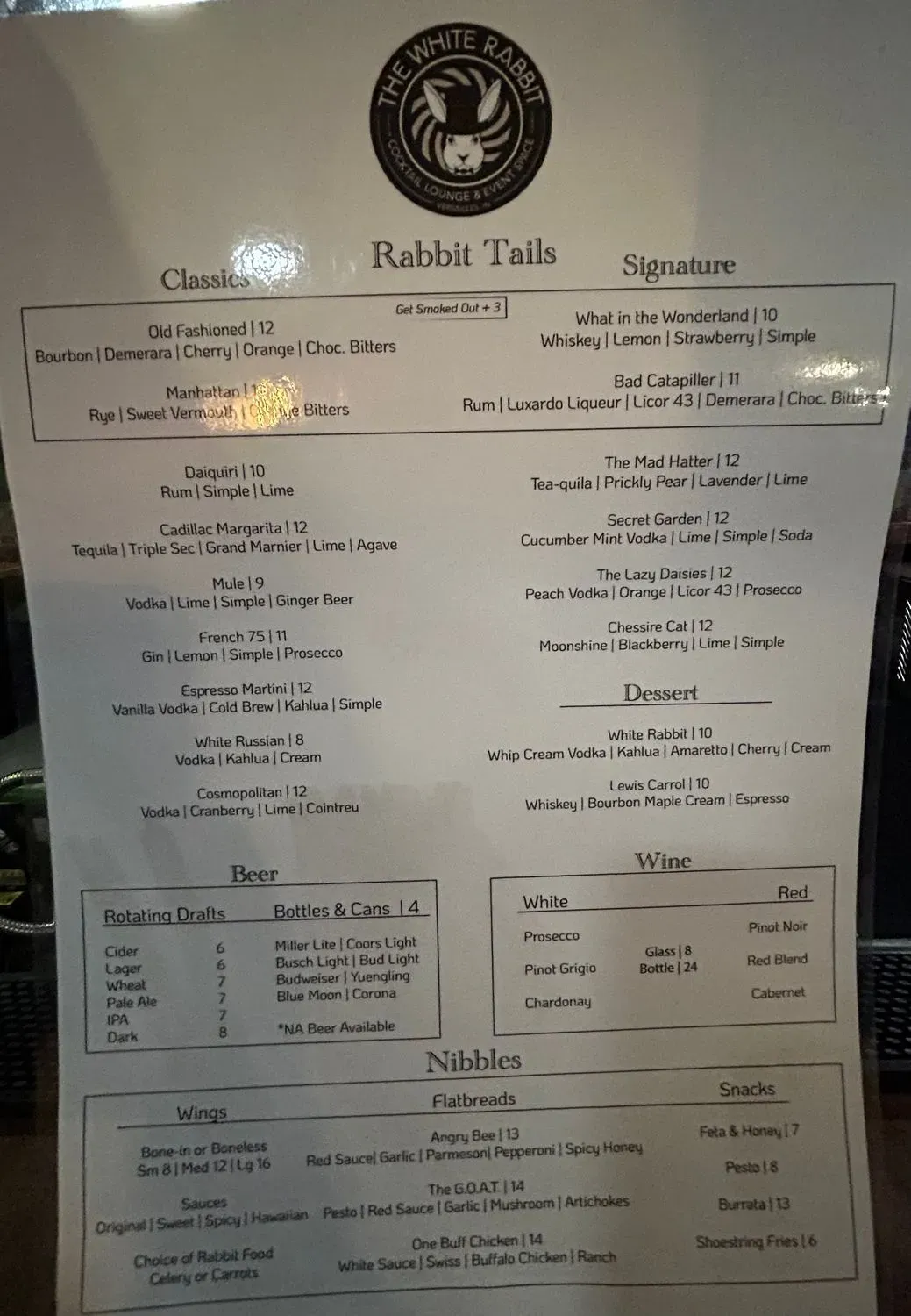 The White Rabbit Lounge Menu - Updated November 2025