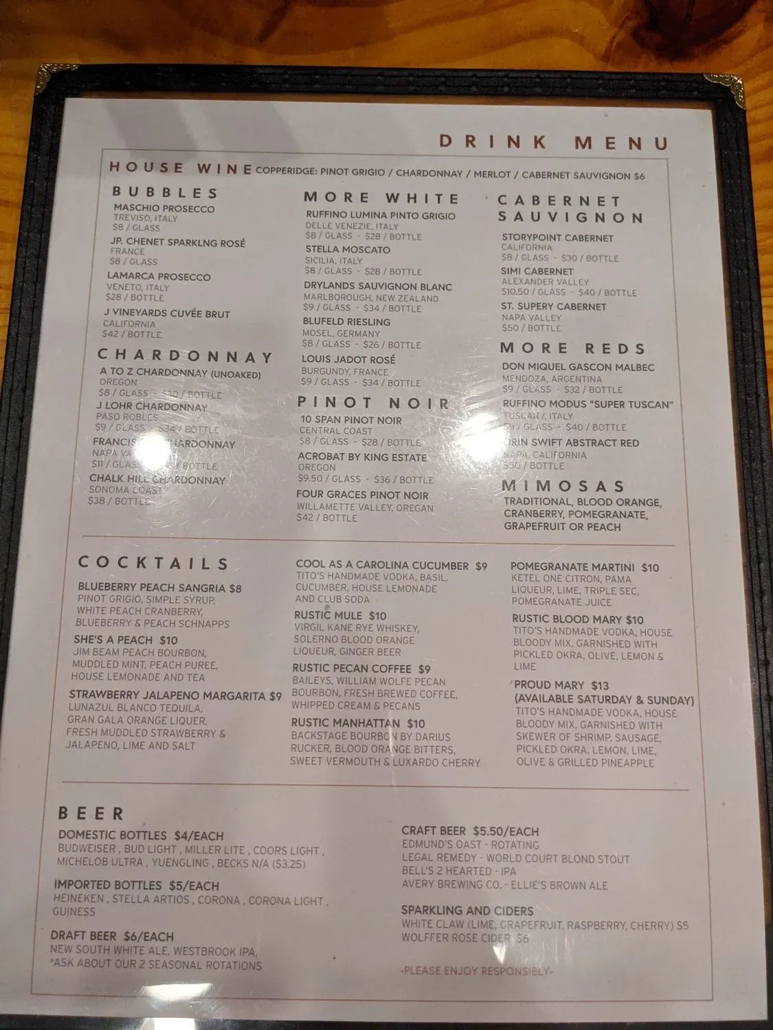 Rustic Table Menu - Updated November 2025
