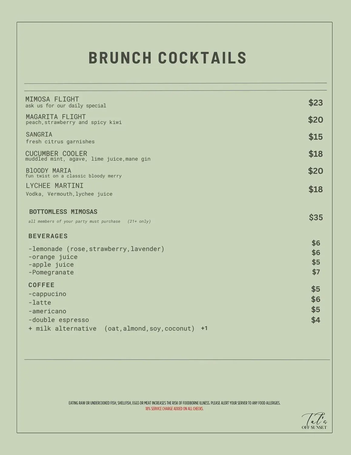 Tal's Off Sunset Menu - Updated October 2025
