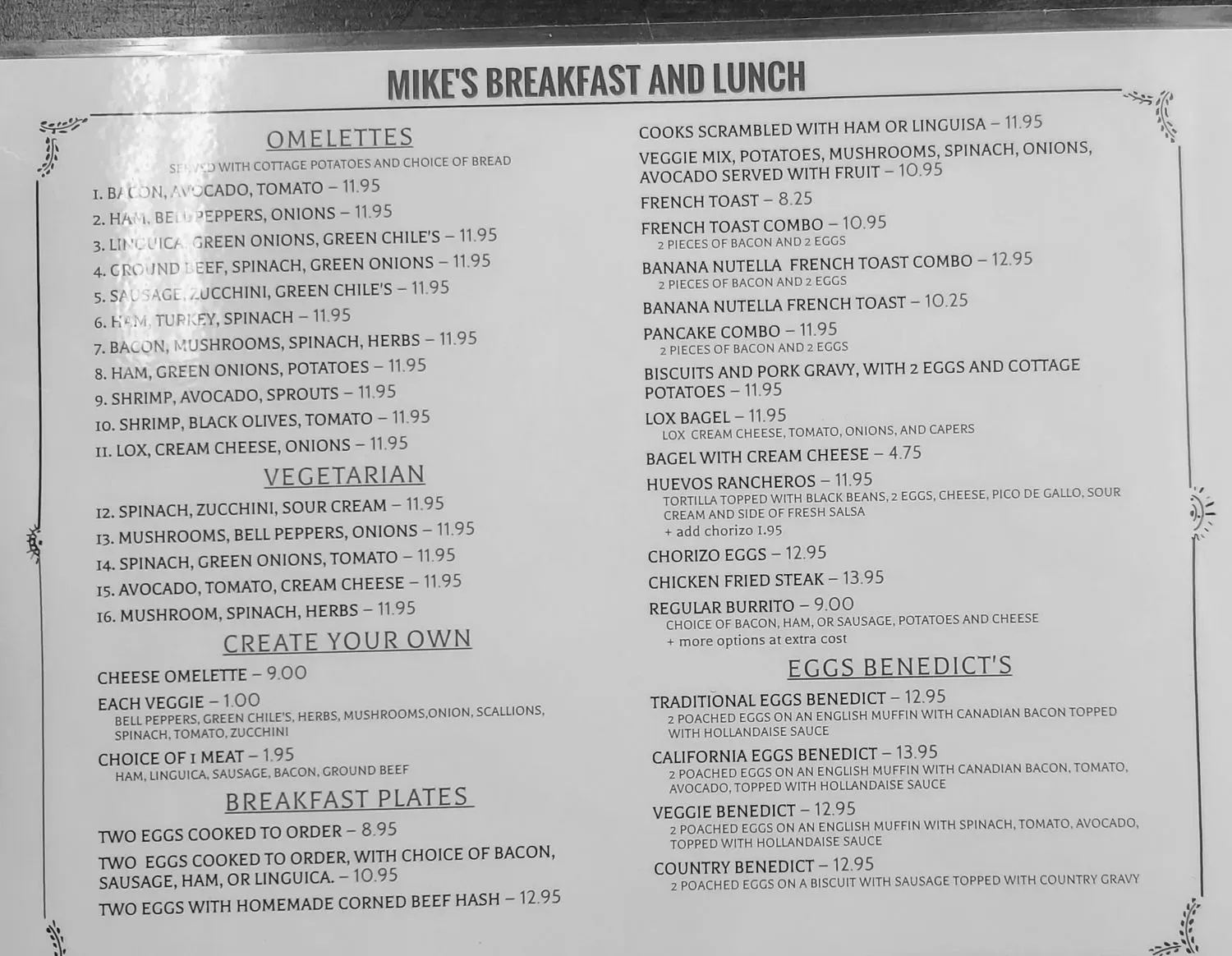 Mike's Breakfast and lunch Menu - Updated November 2025