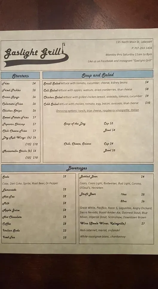 Gaslight Grill Menu - Updated November 2025