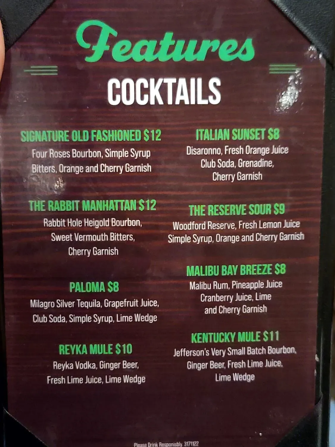 Features Bar & Restaurant Menu - Updated November 2025