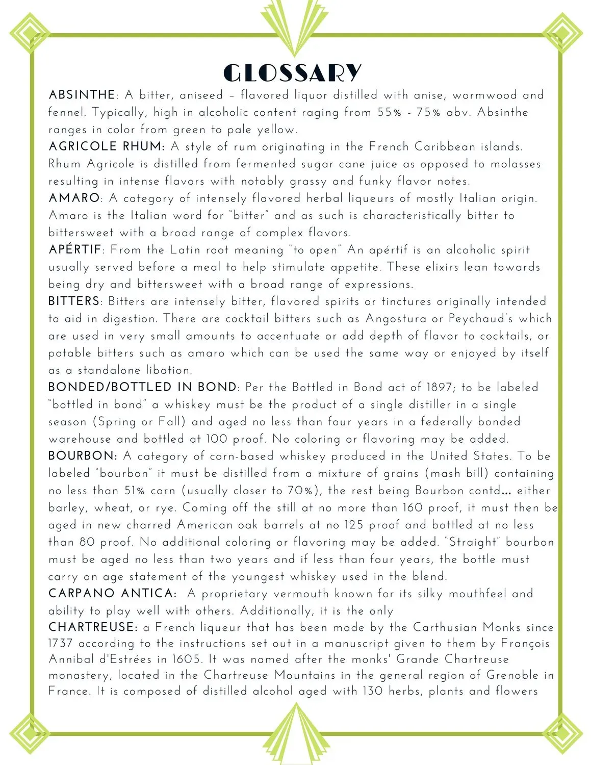 Chartreuse Craft Cocktail Lounge Menu - Updated November 2025