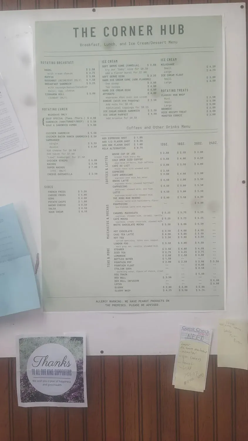 The Corner Hub Menu - Updated November 2025