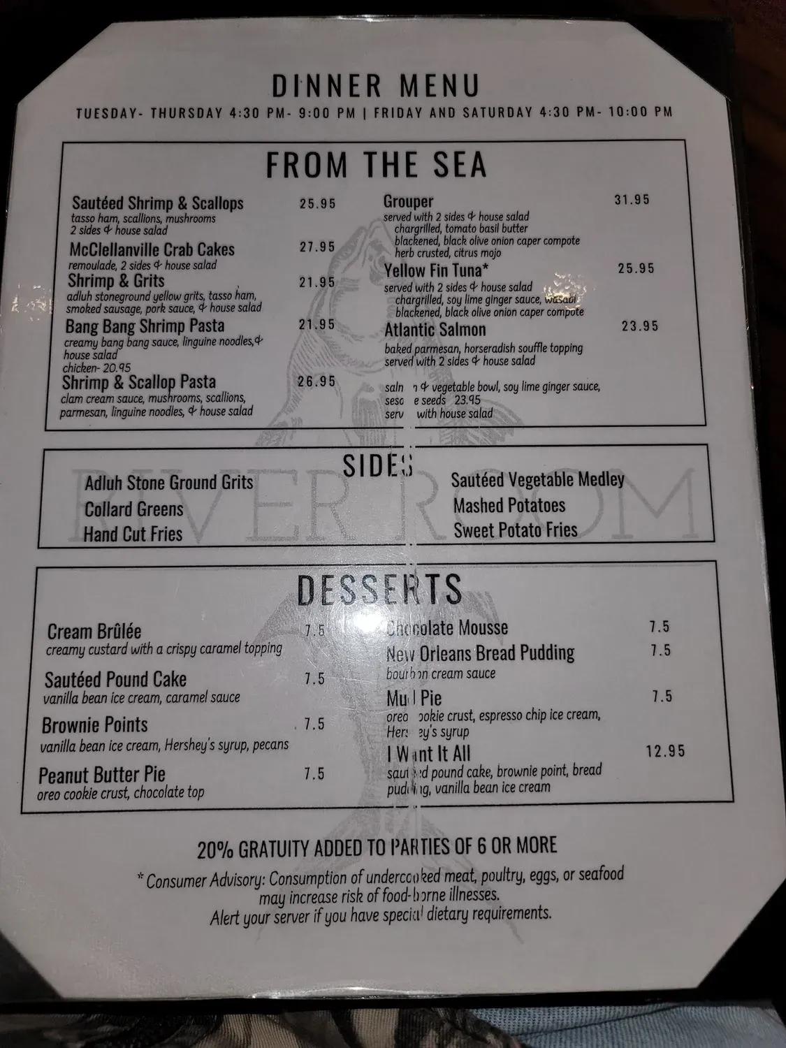 River Room Restaurant Menu - Updated November 2025