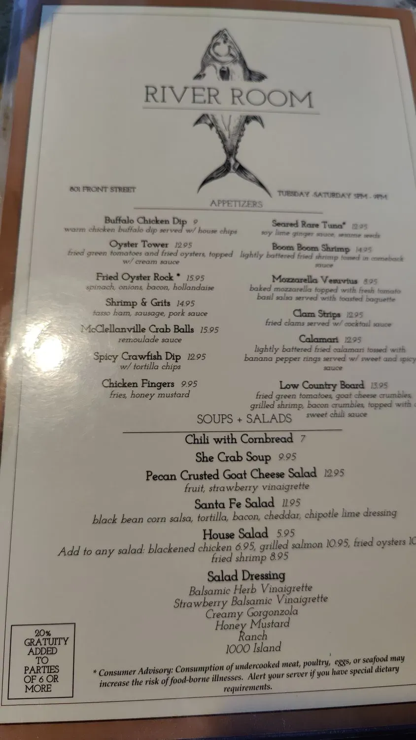 River Room Restaurant Menu - Updated November 2025