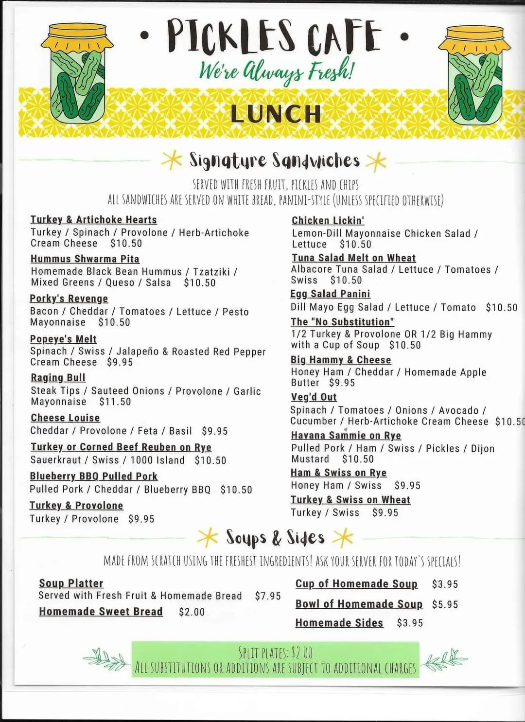 Pickles Cafe Menu - Updated November 2025