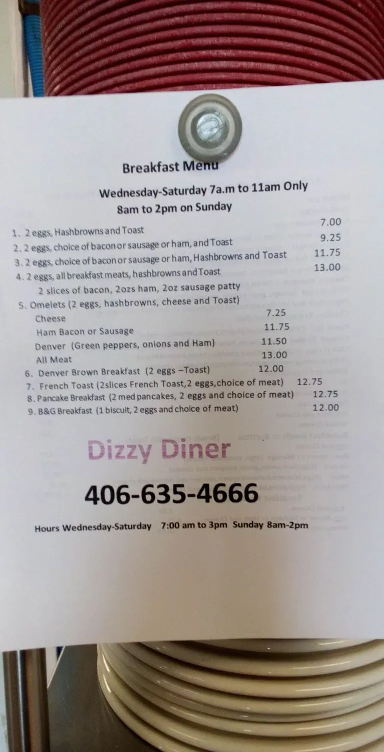 Dizzy Diner Menu - Updated November 2025