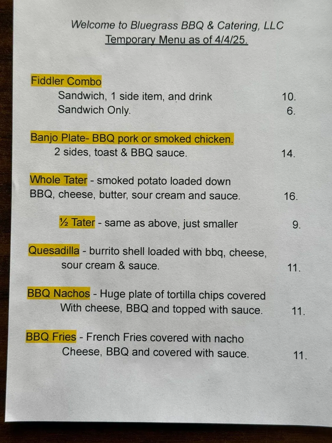 Bluegrass BBQ & Catering Menu - Updated November 2025