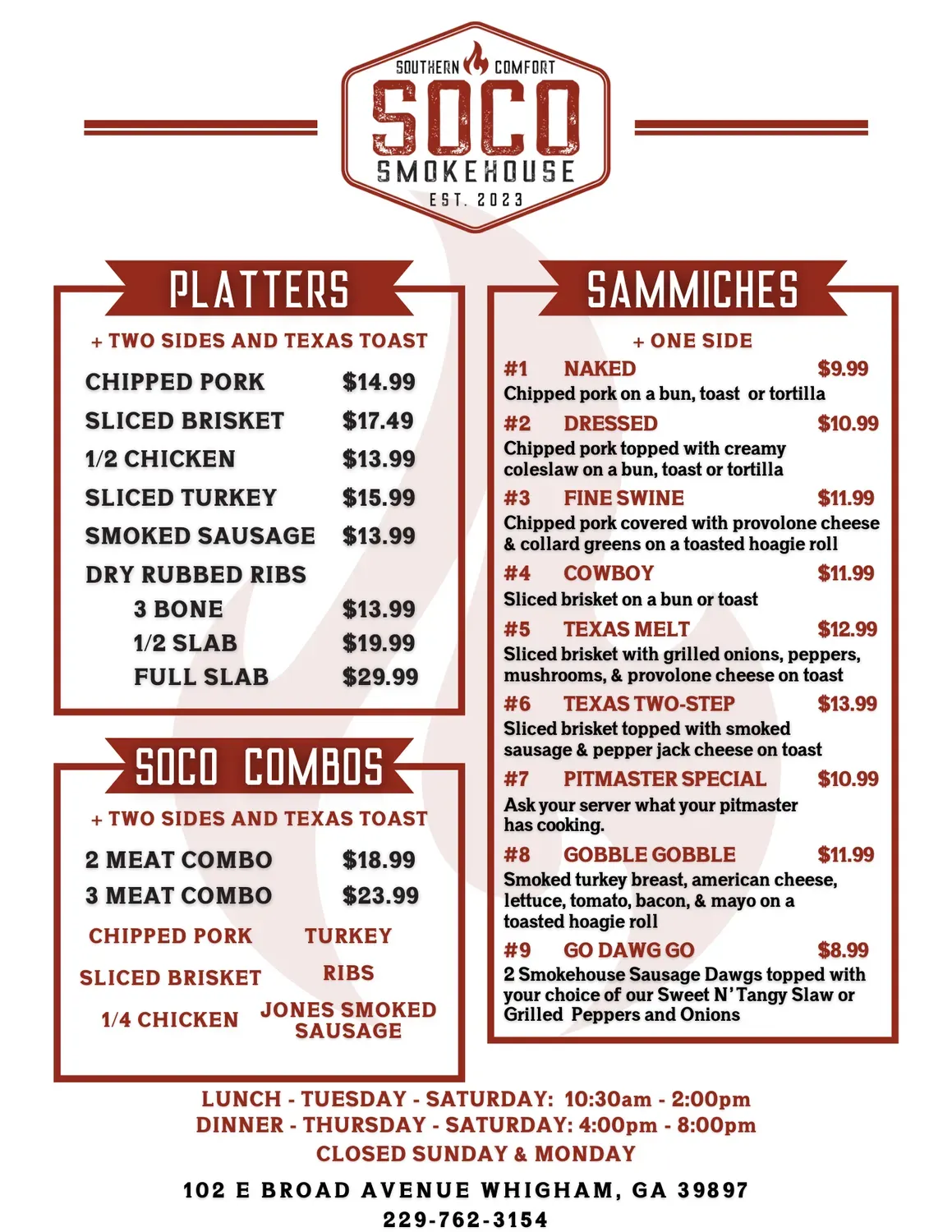 SoCo Smokehouse Menu - Updated November 2025