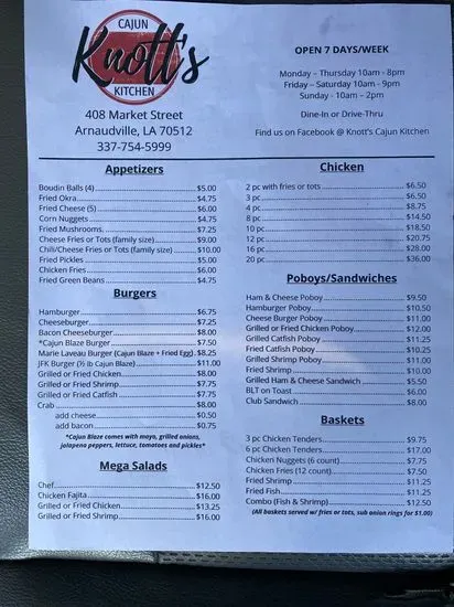 Knott's Cajun Kitchen Menu | Arnaudville, LA | Checkle