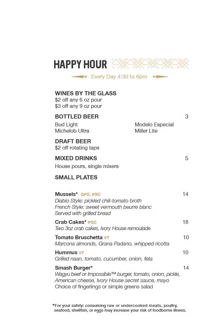 Ivory House Menu - Updated November 2025
