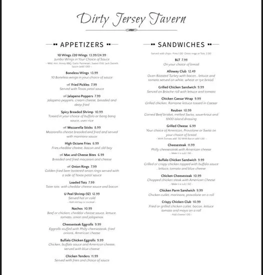 Dirty Jersey Tavern Menu | Alloway Township, NJ | Checkle