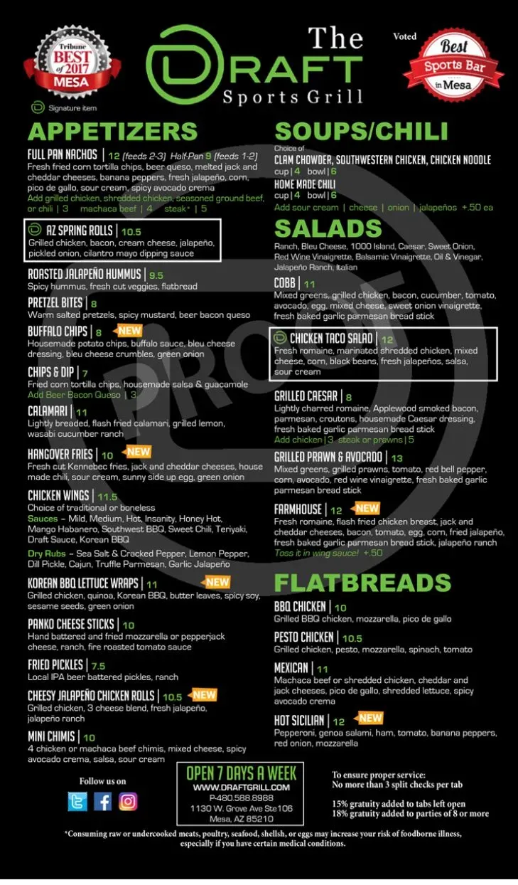 The Draft Sports Grill Menu - Updated November 2025