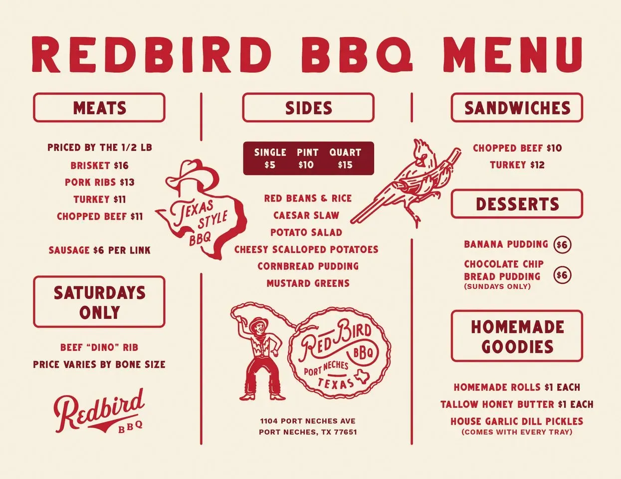 Redbird BBQ Menu - Updated November 2025