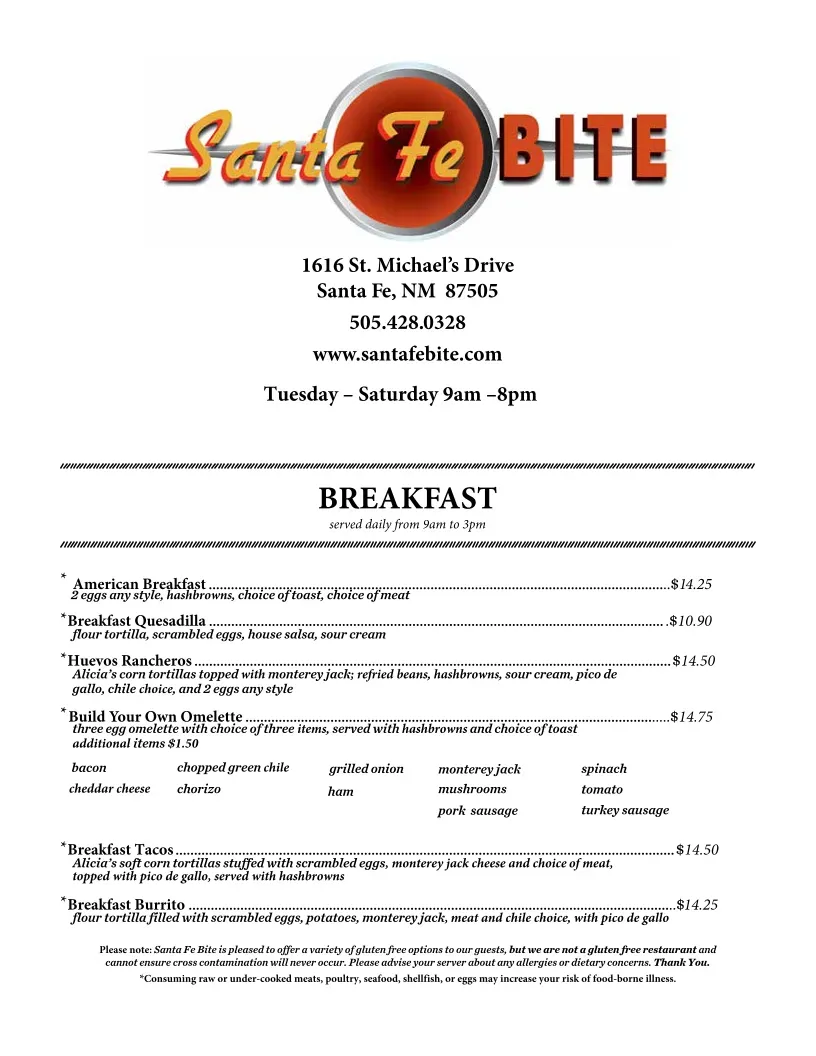Santa Fe Bite Menu - Updated November 2025