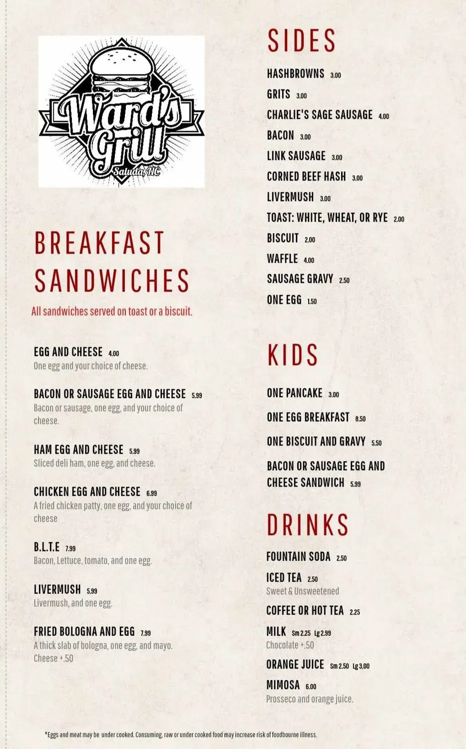 Ward's Grill Menu - Updated November 2025