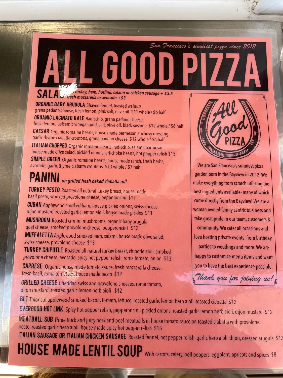 All Good Pizza Menu - Updated November 2025