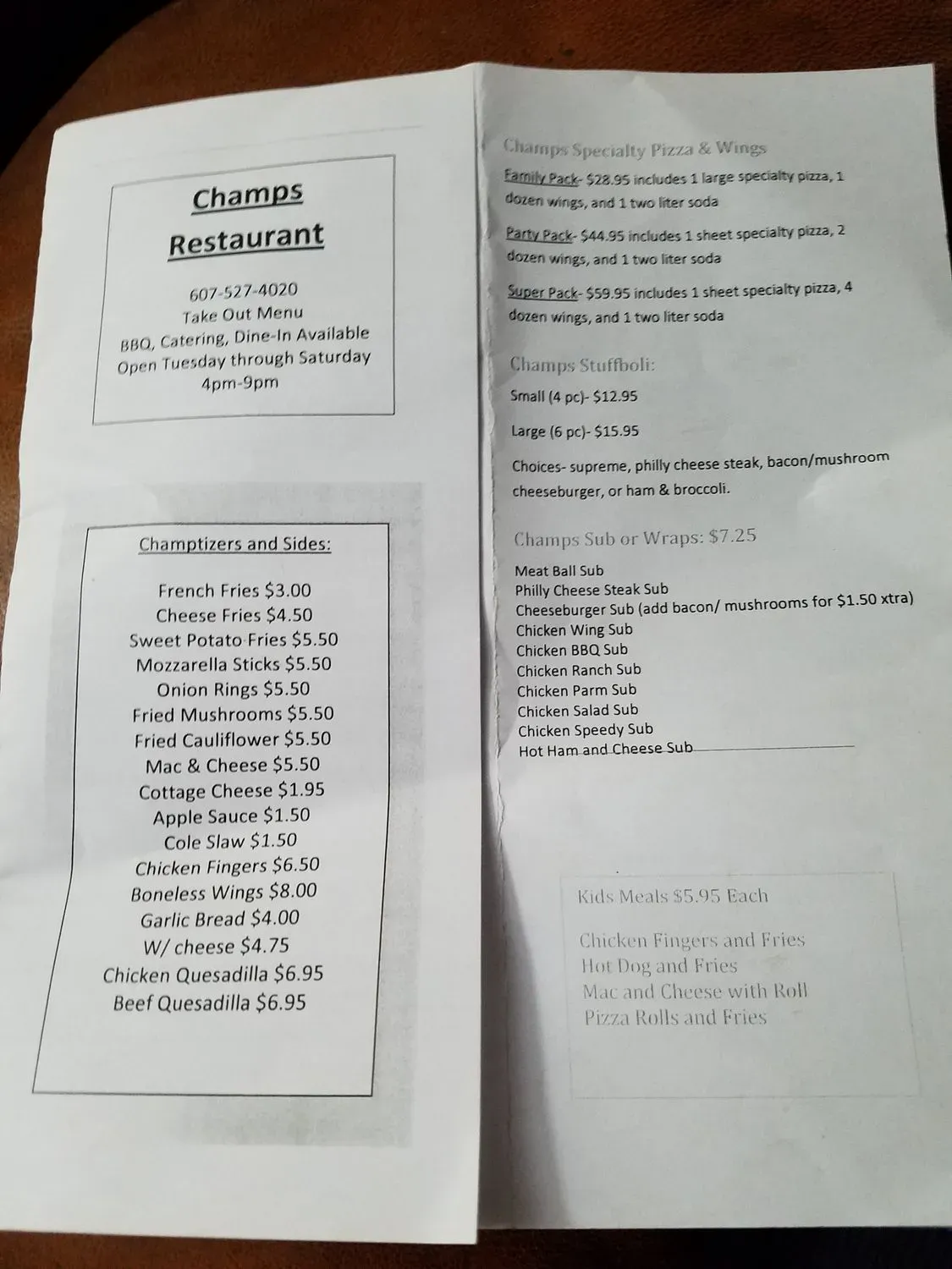 Champs Menu - Updated November 2025