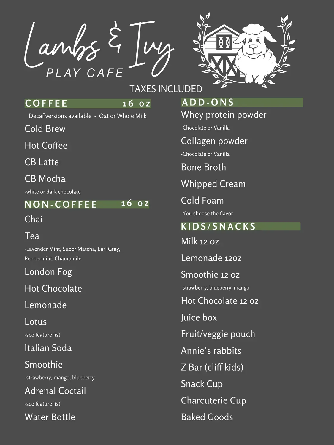 Lambs and Ivy Play Cafe Menu - Updated November 2025