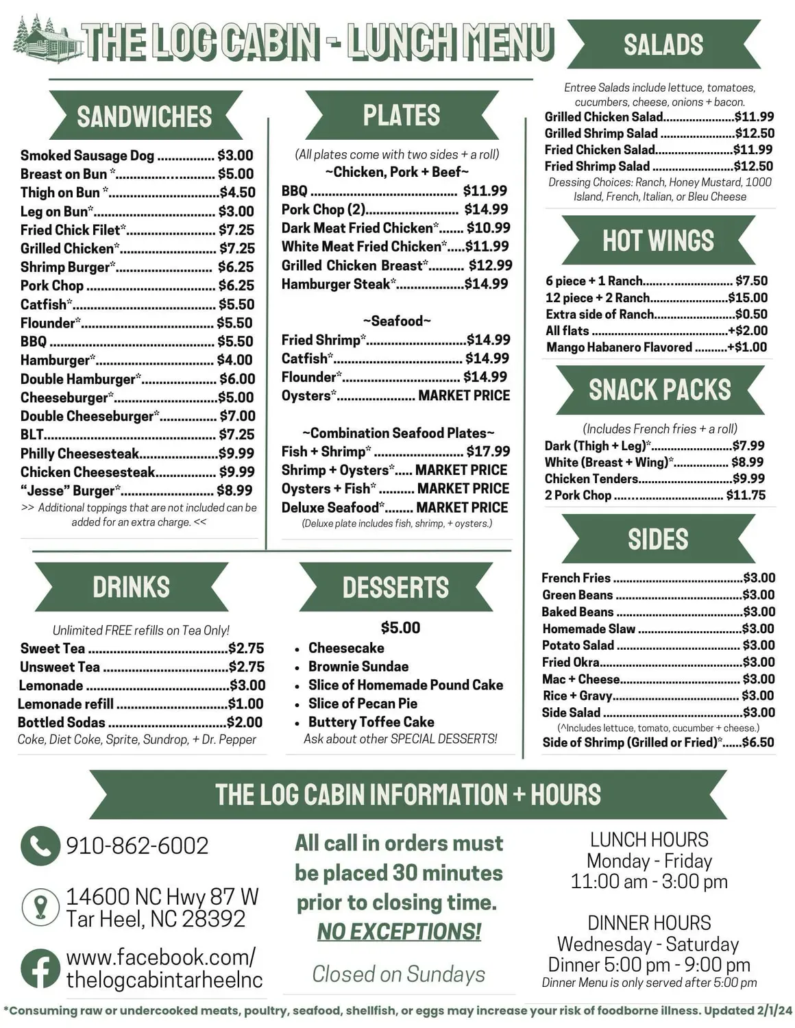 The Log Cabin Restaurant Menu - Updated November 2025