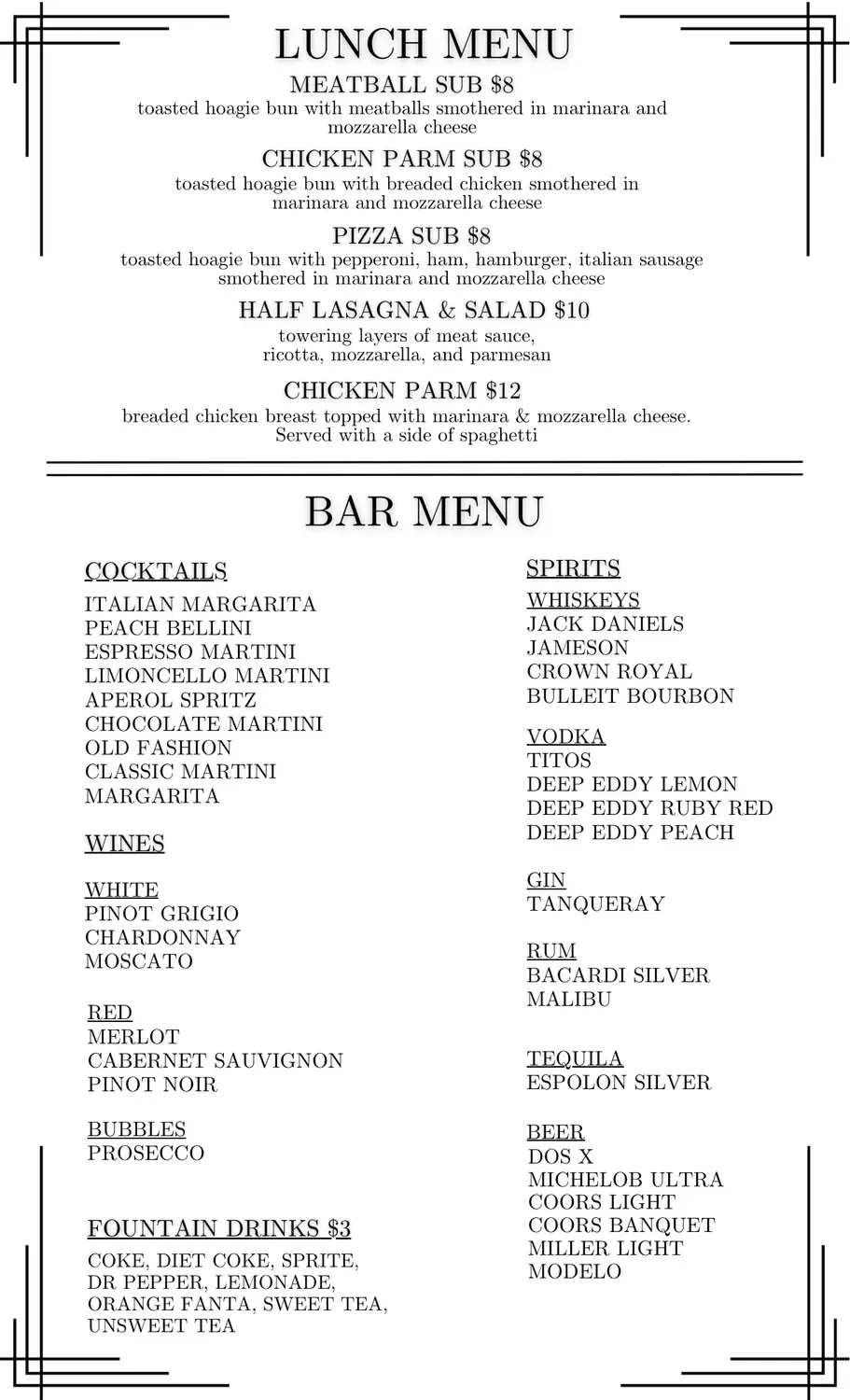 Sorella's Menu - Updated November 2025