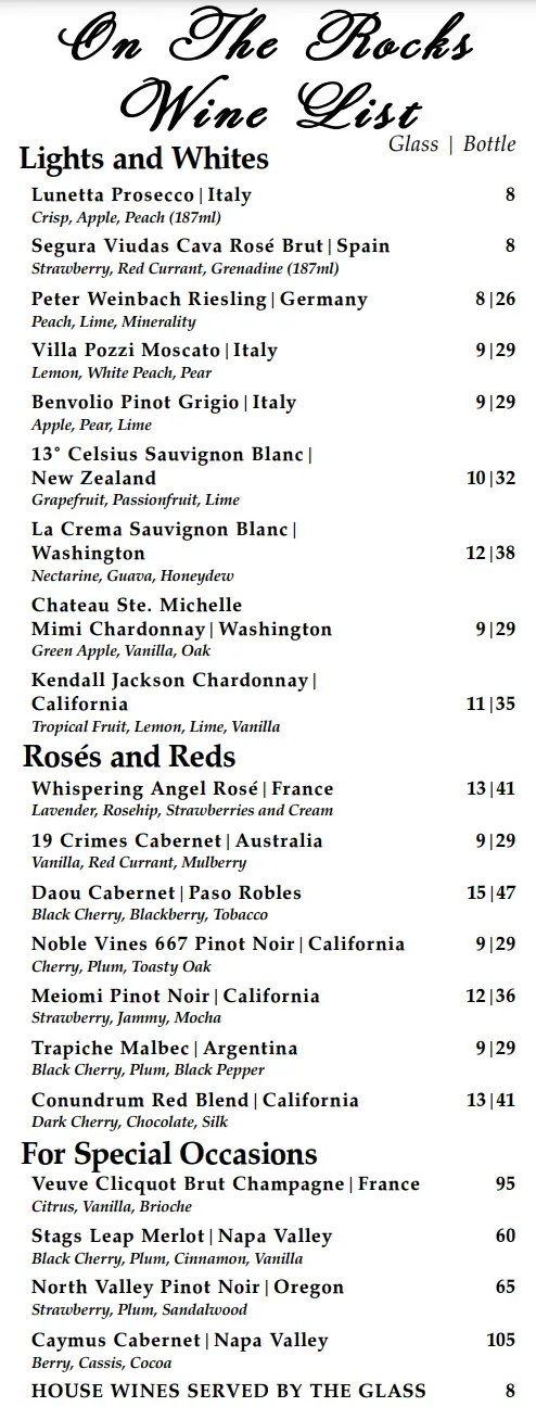 On The Rocks Menu - Updated November 2025