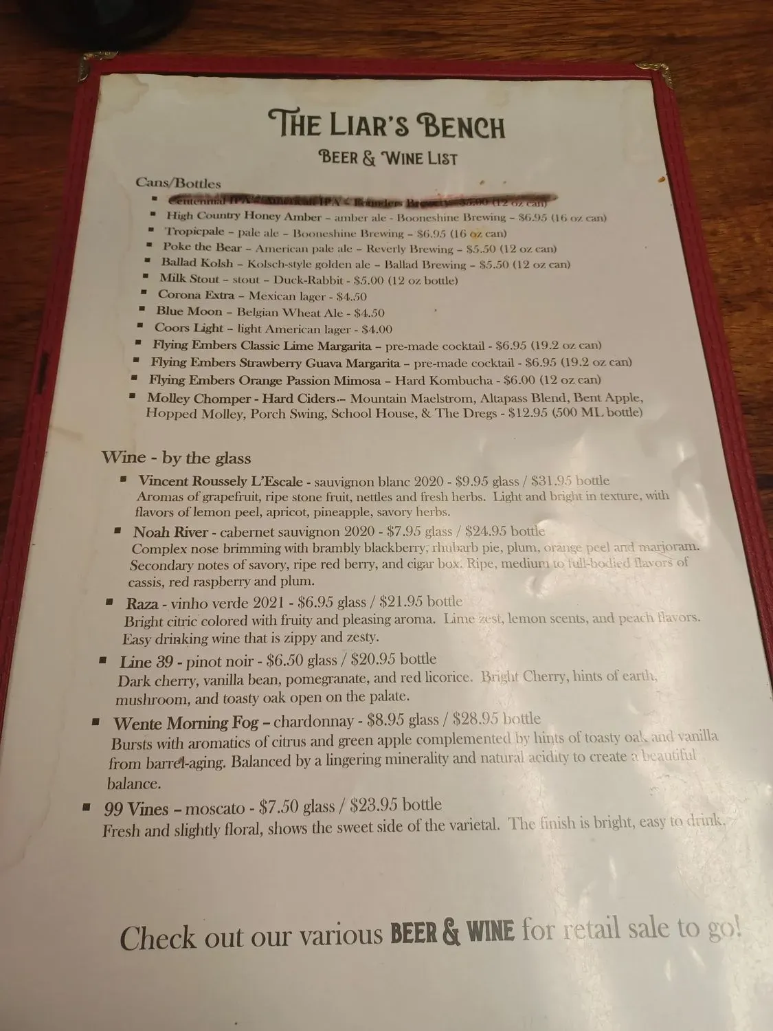 The Liar's Bench Menu - Updated November 2025
