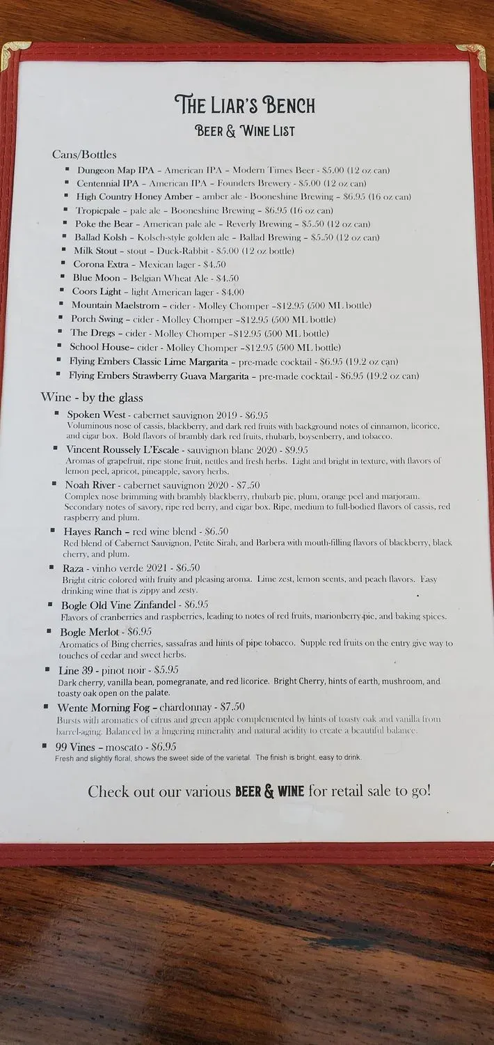 The Liar's Bench Menu - Updated November 2025