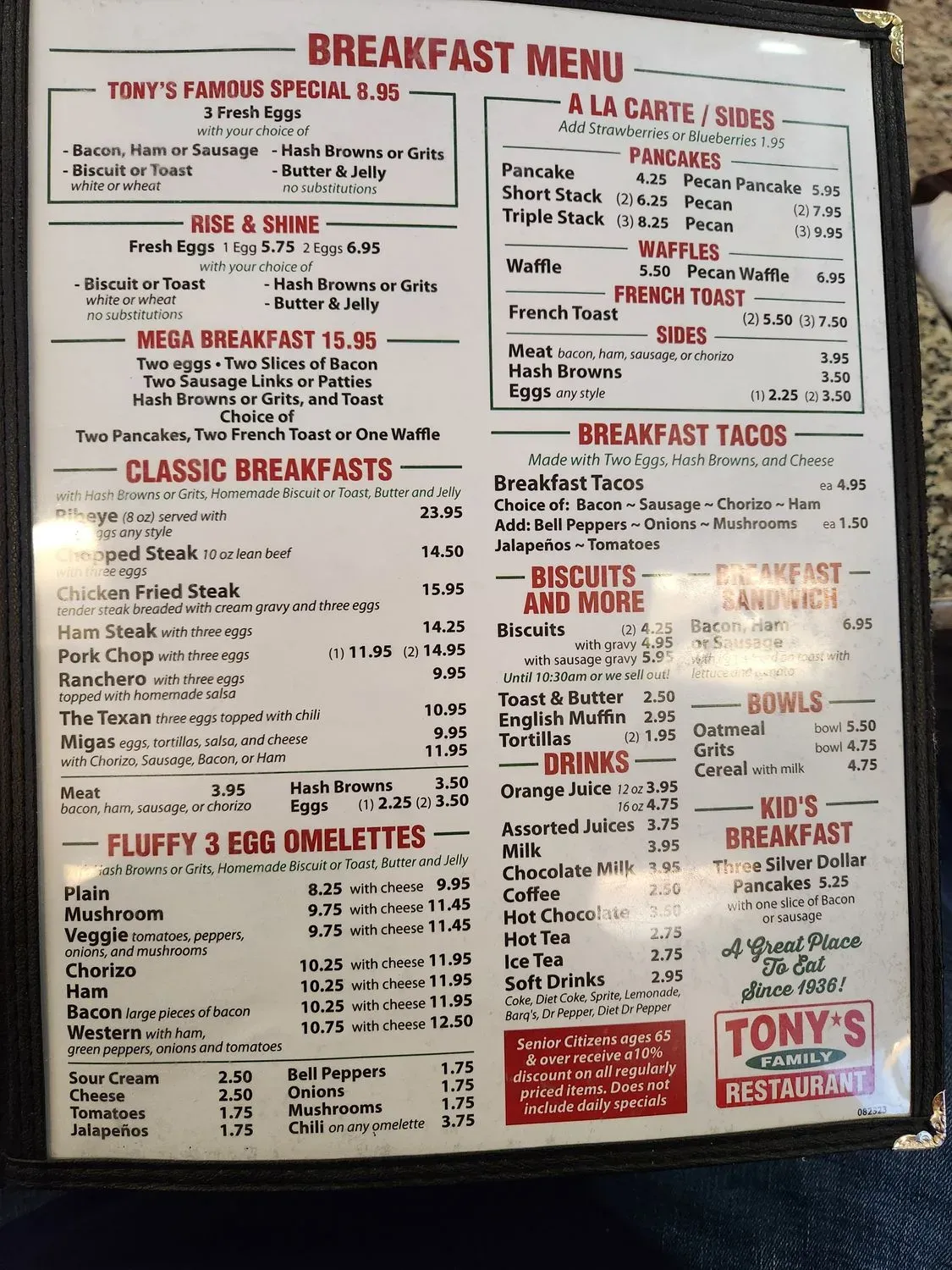 Tony's Family Restaurant Menu - Updated November 2025