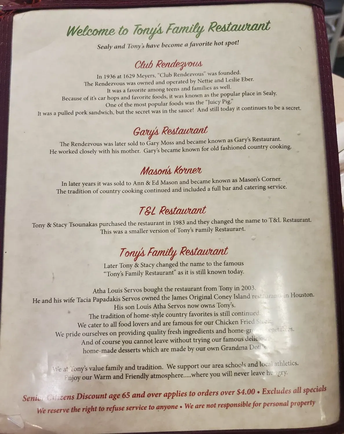Tony's Family Restaurant Menu - Updated November 2025