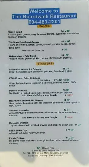 The Boardwalk Restaurant Menu | Lund, BC | Checkle