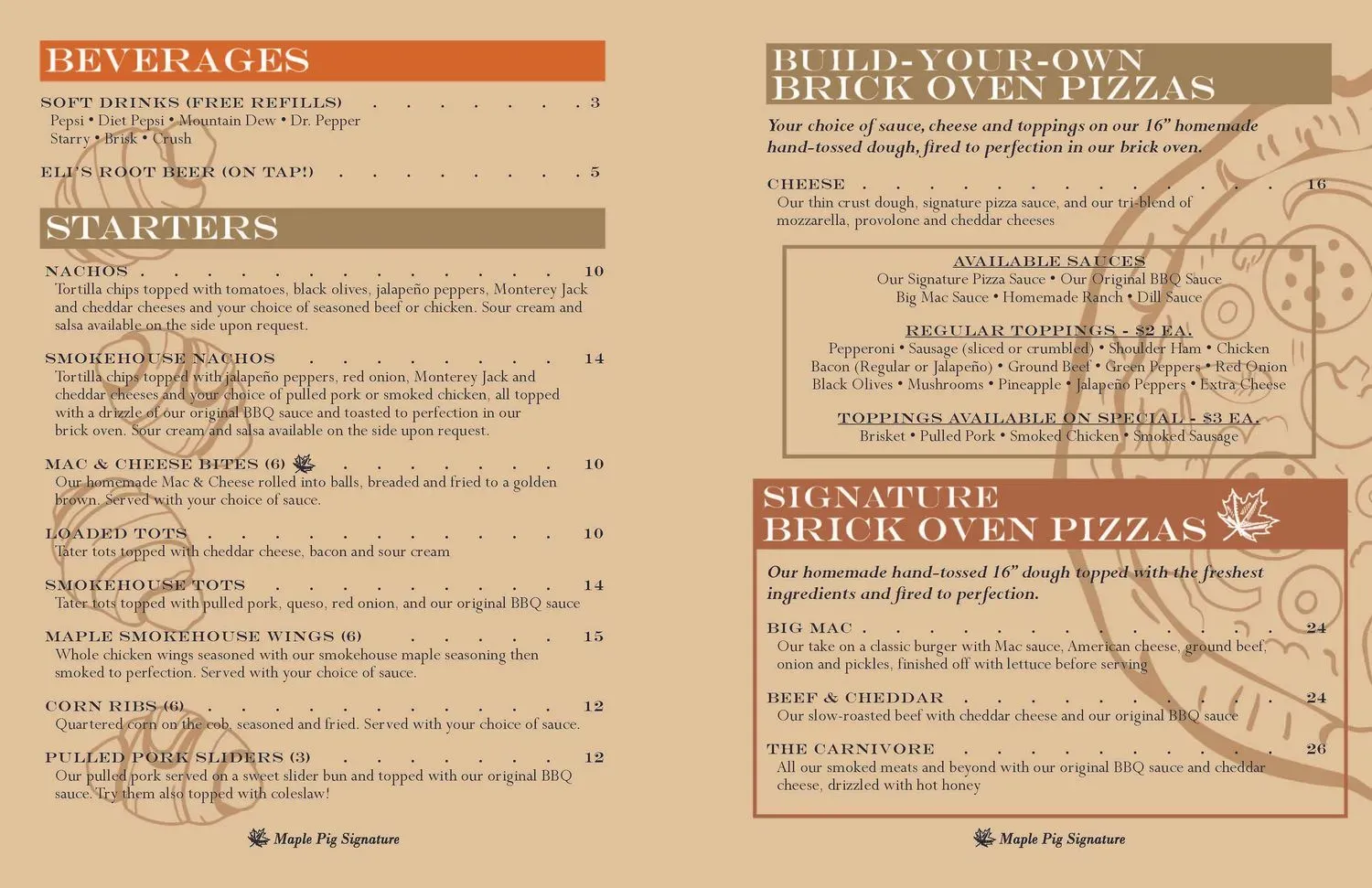 The Maple Pig Menu - Updated November 2025