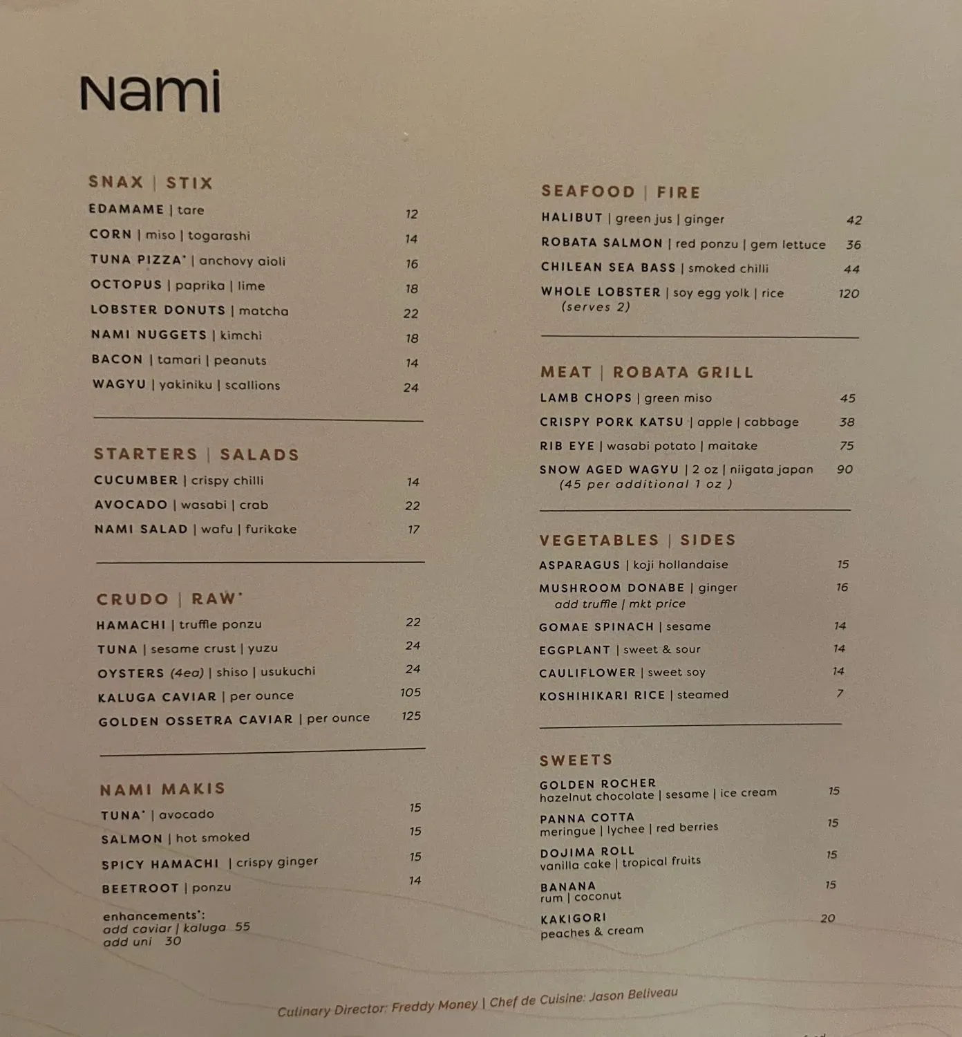 Nami Menu - Updated November 2025