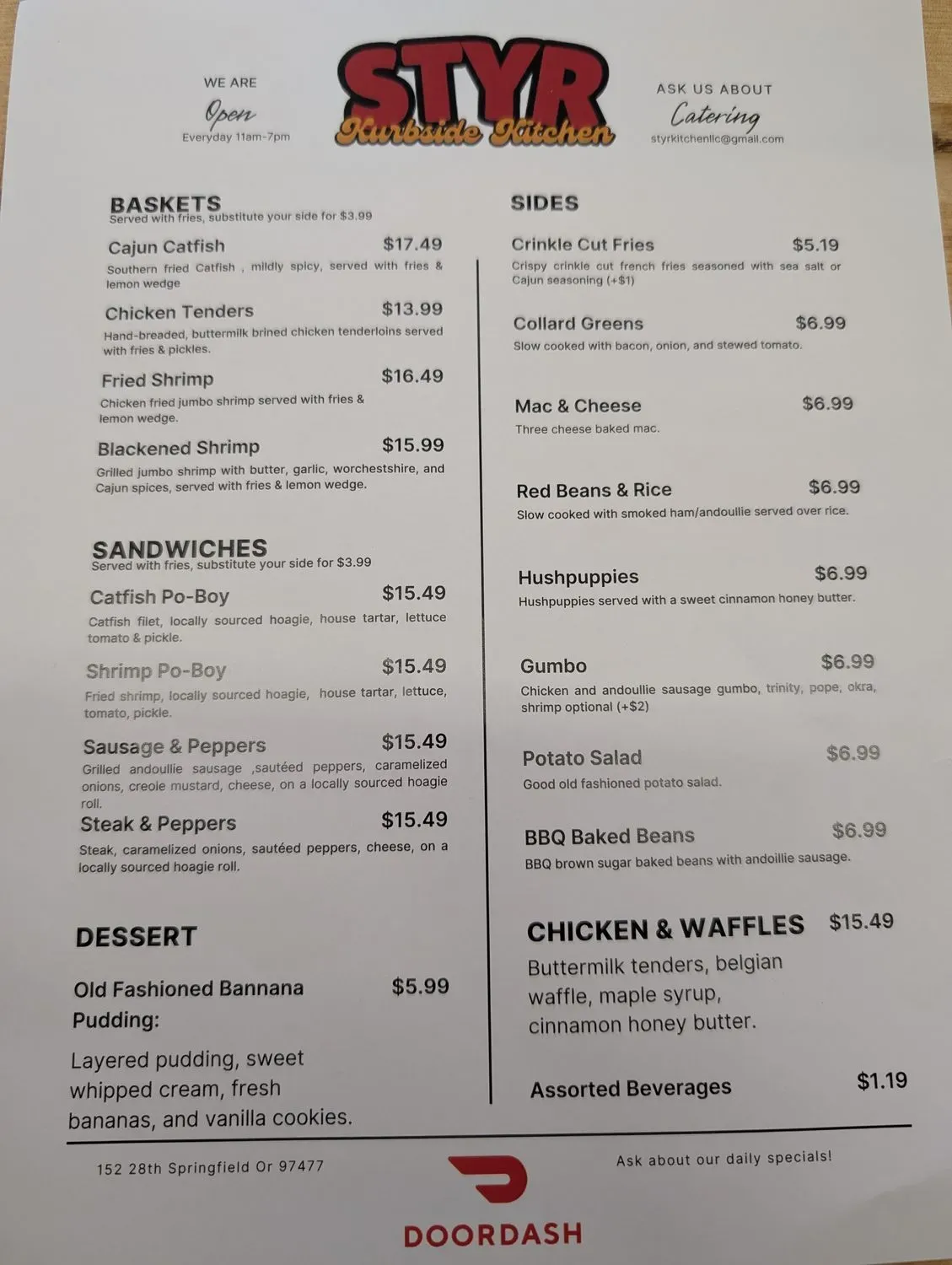 Styr Kurbside Kitchen Menu - Updated November 2025