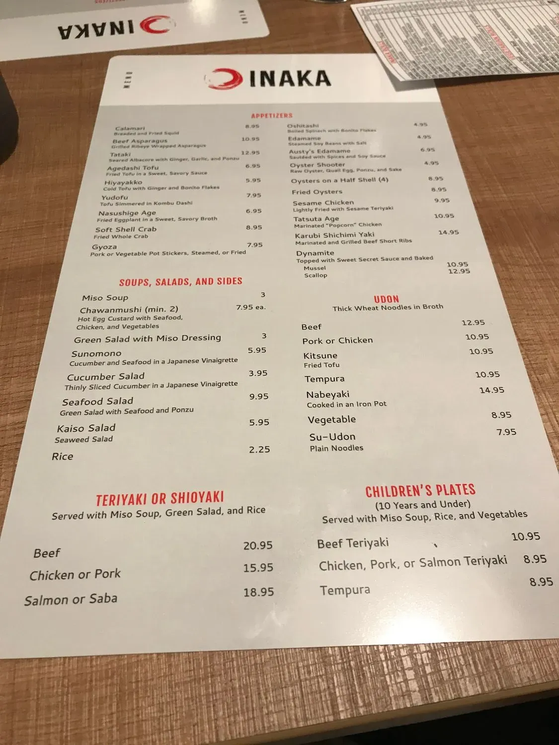 Inaka Fusion Menu - Updated November 2025