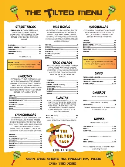 The Tilted Taco Menu | Angola, NY | Checkle