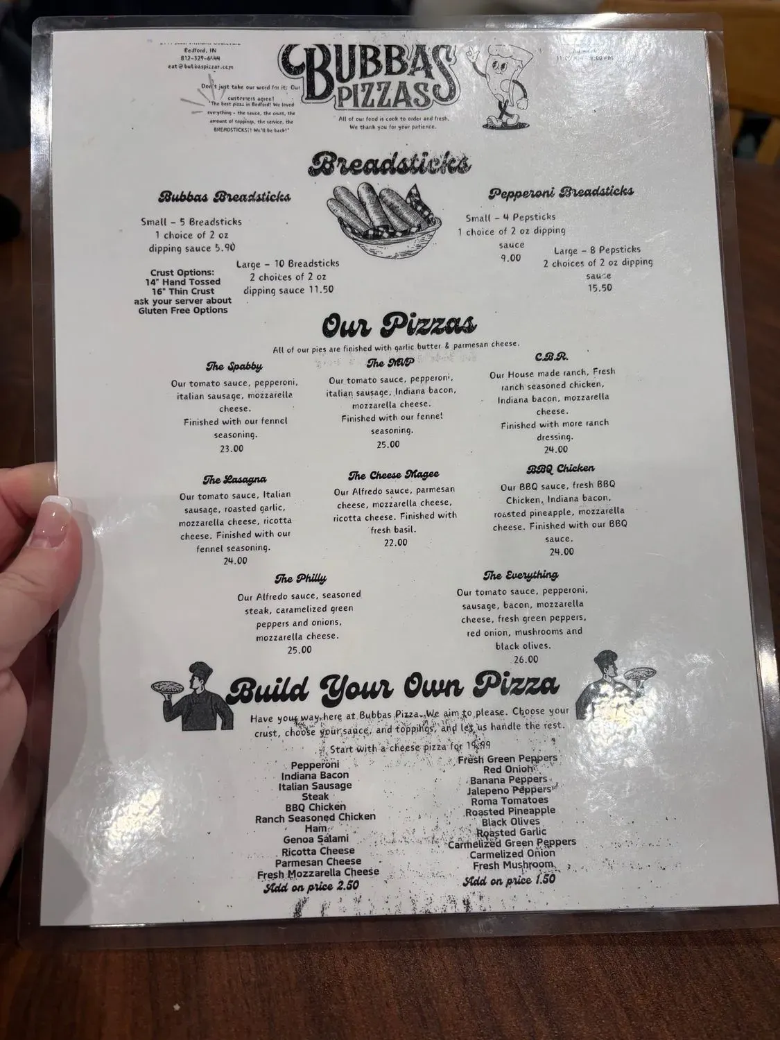 Bubbas Pizzas Menu - Updated November 2025