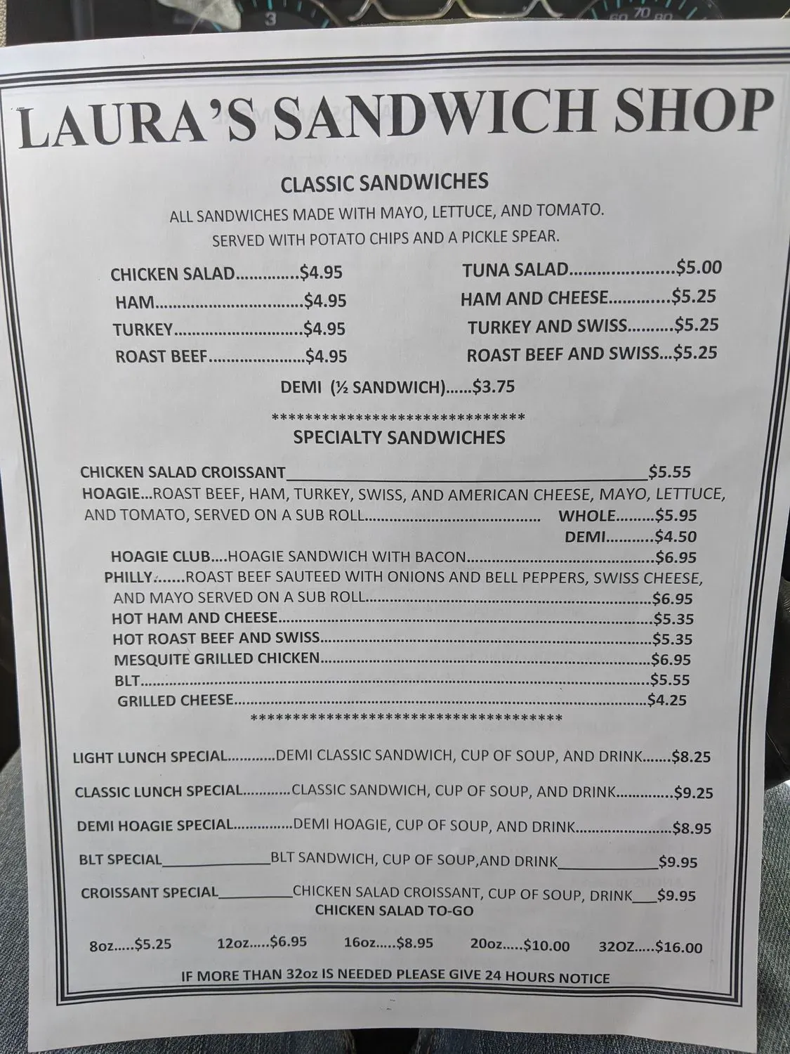 Laura's Sandwich Shop Menu - Updated November 2025