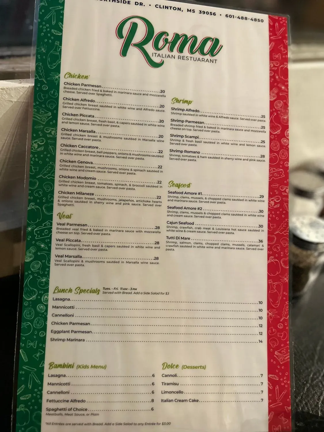 Roma Italian Restaurant Menu - Updated November 2025