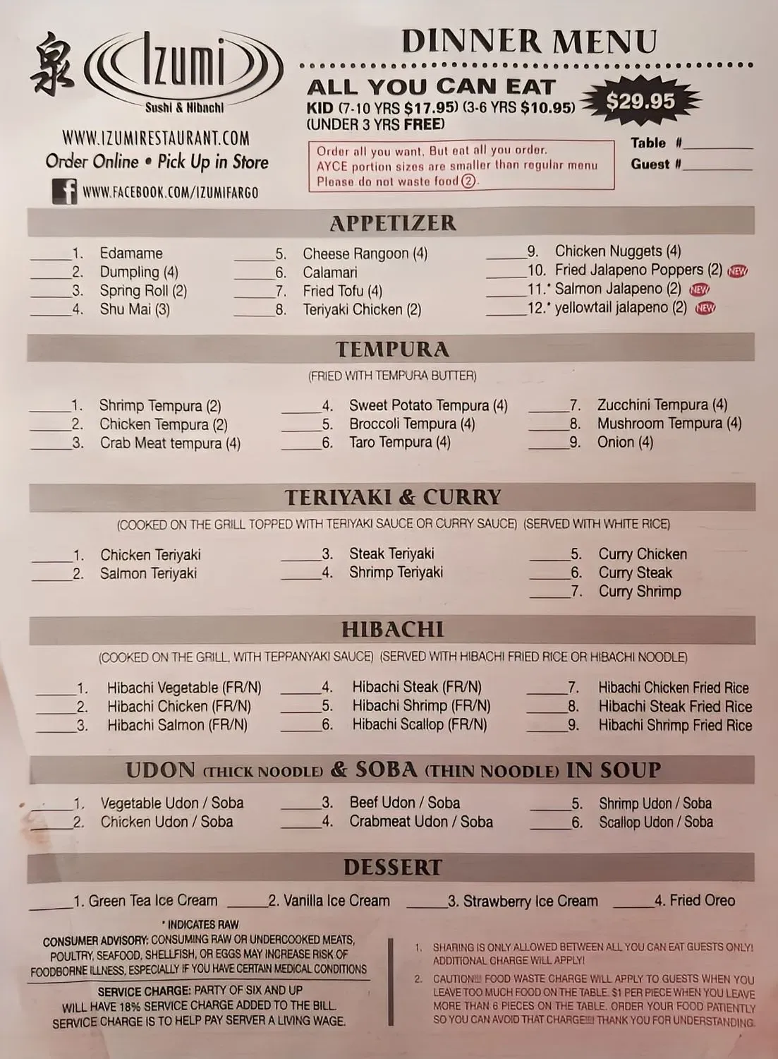 Izumi Sushi & Hibachi All You Can Eat Menu - Updated November 2025