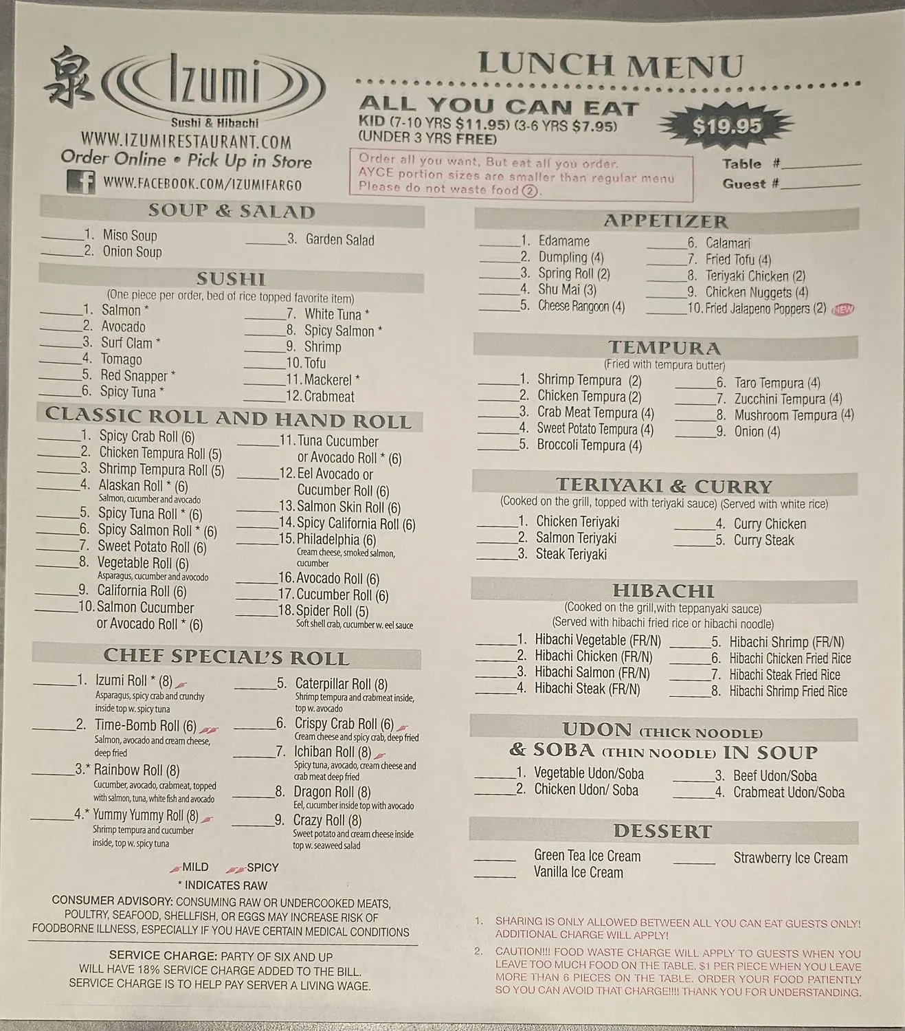 Izumi Sushi & Hibachi All You Can Eat Menu - Updated November 2025