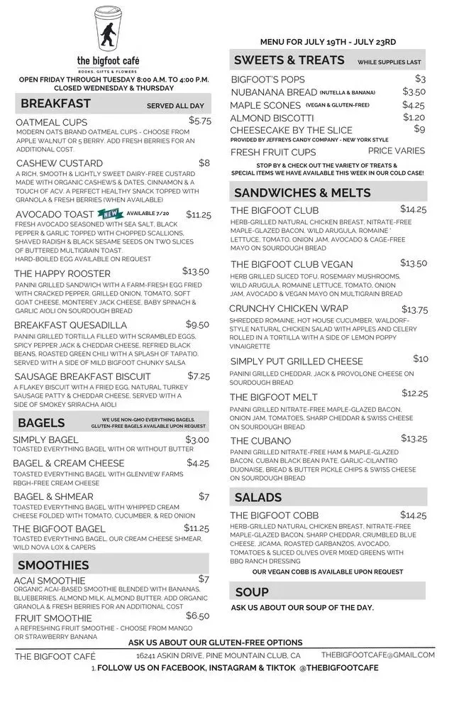 the bigfoot café Menu - Updated November 2025
